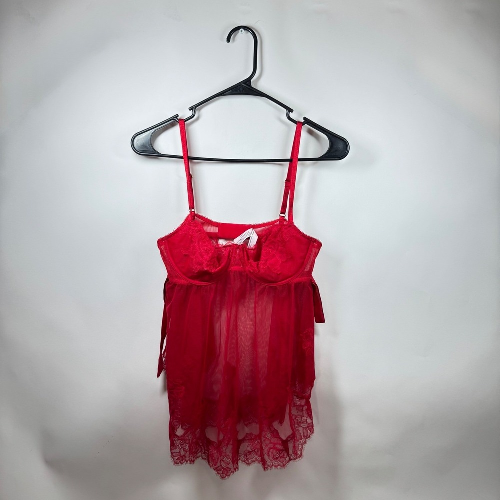Victoria's Secret Red Lace Mesh Babydoll Lingerie Top Size Medium Underwire